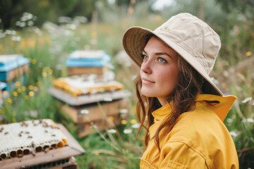 portrait of a woman beekeeper in her working costume in copy space and bee hives 