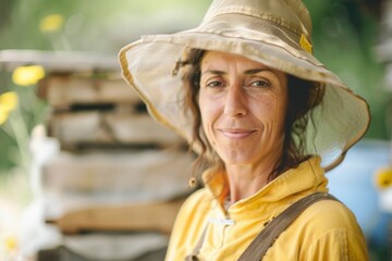 portrait of a woman beekeeper in her working costume in copy space and bee hives  - obrazy, fototapety, plakaty