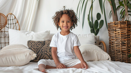 A young child is sitting on a bed with a white shirt and white pants. The child is smiling and he is happy. The room is decorated with plants and pillows, giving it a cozy and welcoming atmosphere