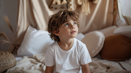 A young boy is sitting on a bed with his head tilted to the side. He is looking up at something, possibly a toy or a book. The scene is peaceful and calm