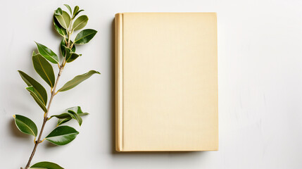 Mock-up of a book with blank beige cover on a white background with a green branch. New modern minimal book in front view.