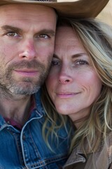 Fototapeta premium portrait photograph of a couple, both have brown eyes, only the man is wearing a cowboy hat, the woman has blonde hair