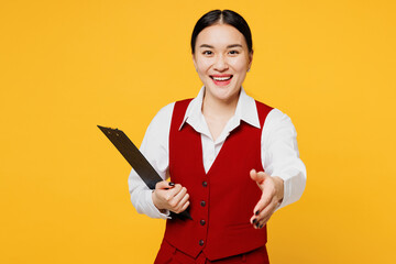 Young lawyer employee business woman of Asian ethnicity wear formal red vest shirt work at office...