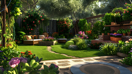 Cozy backyard transformed into green oasis with flourishing plants and colorful flowers. - obrazy, fototapety, plakaty
