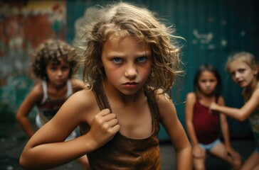 Fototapeta premium Intense child boxer in urban setting