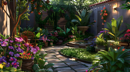 Fototapeta na wymiar Cozy backyard transformed into green oasis with flourishing plants and colorful flowers.