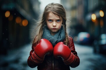 Young female boxer showing strength