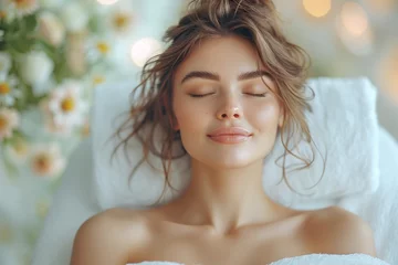 Crédence de cuisine en verre imprimé Spa Beautiful woman enjoying a spa salon environment, relaxing and breathing fresh air with closed eyes while lying on a massage table in a luxury beauty center.