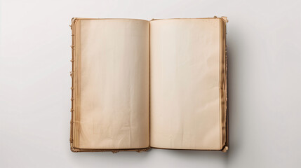Mock-up of blank pages of an open notebook with copy-space for text on a plain white background. Classic old book style with vintage brown pages.