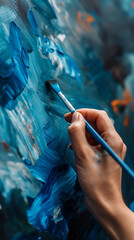 Hand Painting Blue Color on Canvas, Artistic Creativity and Expression