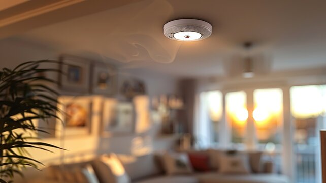 Smoke detector on ceiling with safety vigilance in a smoke-filled room