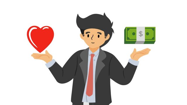 Animation Video Graphics Motion 4k Footage of Man Thinking, Feeling Doubtful, Confused and Looking for Answer. Man with heart and money. Men confused about choosing heart or money