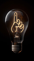 A single light bulb, with a bright, glowing filament that is shaped like a hand pointing finger, brand new and glowing brightly, floating isolated against a deep, solid black background.