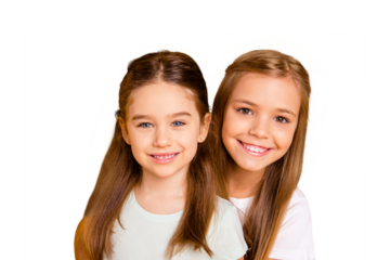 Close-up portrait of her she two nice cute sweet attractive lovely pretty cheerful cheery positive healthy straight-haired girls isolated over bright vivid shine yellow background