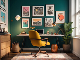 Mid Century Inspired Home Office, Minimalist Desk, Vintage Desk Lamp, Gallery Wall