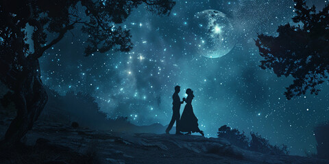 A couple dancing under the stars, embracing the magic of a moonlit night realistic stock photography