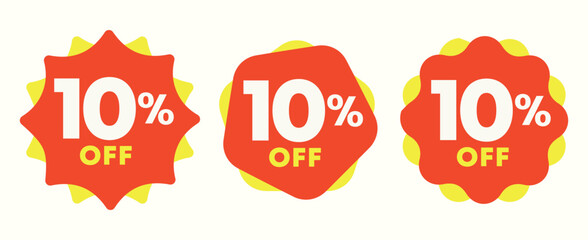 10% off. Special offer sticker, label, tag. Value discount poster, price. Shapes in yellow and red. Marketing for promotion, discount, sales, store, retail, mall. Icon, vector, symbol