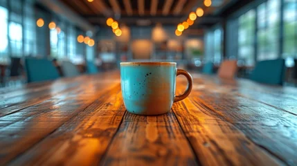 Foto op Plexiglas   A coffee cup rests atop a wooden table amidst numerous chairs and bright background lights © Viktor
