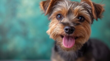   A small brown and black dog with its tongue hanging out stares at the camera against a green backdrop