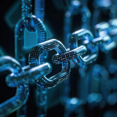 A chain of blue links with a silver chain link. The chain is made of metal and is very shiny - obrazy, fototapety, plakaty