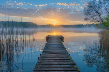 Calm Lake Spring Sunrise - obrazy, fototapety, plakaty