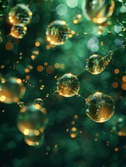 digital art, dark green background, essential oil cell molecules, three-color microbial transparent gel with bubble texture, oil film