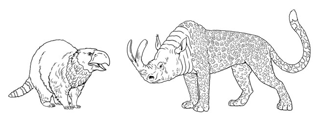 Coloring page with the animals mutants: bird-headed raccoon, a leopard chimera. Coloring book with fantasy creatures.