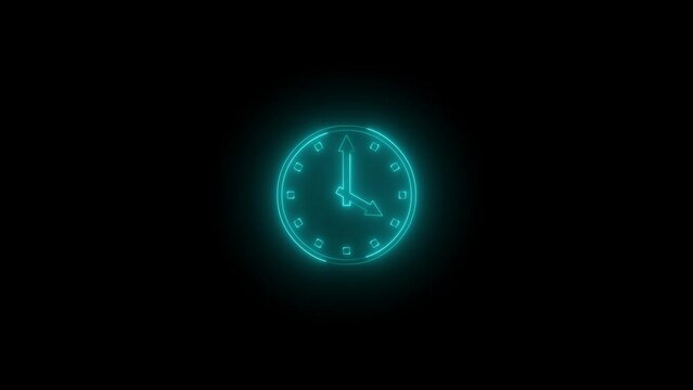Neon glowing cyan color four o'clock icon animation black background