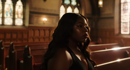 a sexy south african black actress, curvy hips, long hair, lots of makeup, sitting in a church - obrazy, fototapety, plakaty