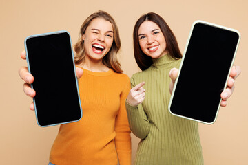 Young friend two women they wear orange green shirt casual clothes together hold use close up mobile cell phone with blank screen workspace area isolated on plain beige background. Lifestyle concept. - 767030553