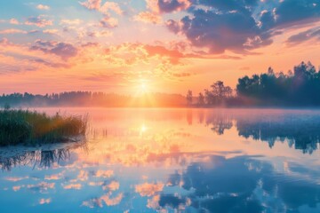 Calm Lake Spring Sunrise - obrazy, fototapety, plakaty