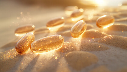 Sunlit Vitamin Supplements on Sandy Beach - obrazy, fototapety, plakaty