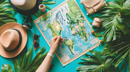 Hand holding map with summer destinations marked, surrounded by travel essentials. - Powered by Adobe