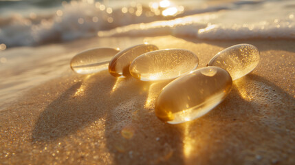 Golden Capsules on Beach at Sunset - Wellness and Health Concept