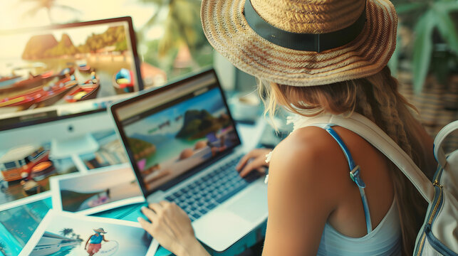 Woman browsing travel website on laptop, surrounded by photos of summer destinations.