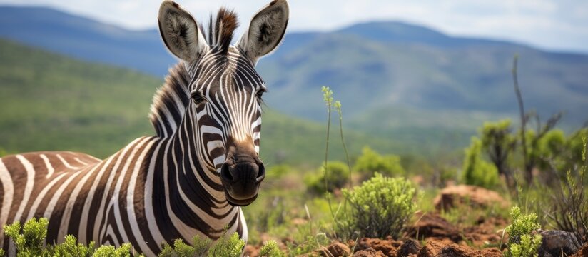 A zebra is peacefully resting in the grassland with mountains in the background, creating a serene natural landscape