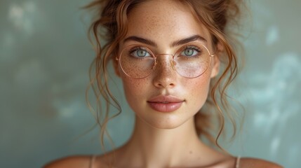   A woman wearing glasses, with freckles on her hair and eyes - obrazy, fototapety, plakaty