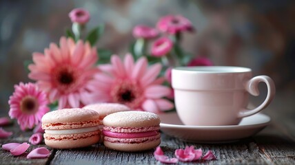 Fototapeta na wymiar Serene tea time with a pink cup, macarons, and fresh flowers on table