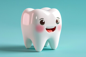 Happy cartoon shining tooth with smile on blue background.