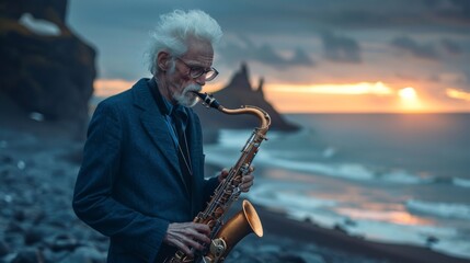  a handsome white-haired middle-aged European guy plays the saxophone on the black sand beach of the Black Sea in Iceland. He has clear facial features, wearing glasses and a blue suit. - obrazy, fototapety, plakaty