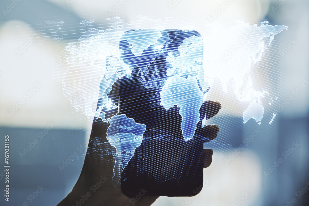 Poster multi exposure of abstract creative digital world map and hand with cell phone on background, resear