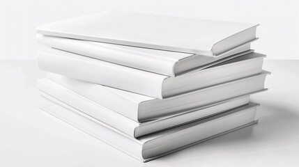 Mock-up of six stack books in various thickness with blank white cover on a plain white background. New modern minimal books in isometric view.