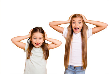 Portrait of two nice cute crazy winsome sweet attractive lovely pretty cheerful cheery...