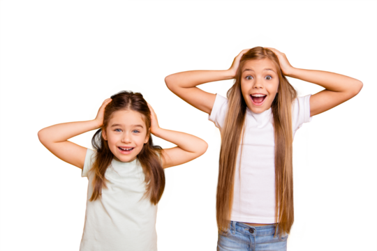 Portrait of two nice cute crazy winsome sweet attractive lovely pretty cheerful cheery straight-haired girls omg cool great news expression isolated over bright vivid shine yellow background