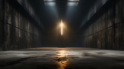 a light shining through a pillar in a dark room - obrazy, fototapety, plakaty