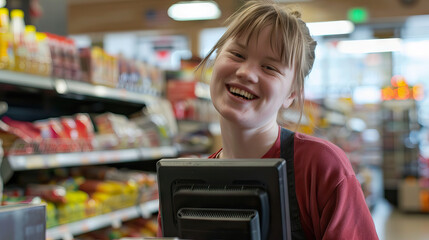 A young woman with Down syndrome smiling happily while working as a cashier at a grocery store. Learning Disability - obrazy, fototapety, plakaty