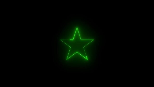 Neon glowing green color five hand star icon animation black background
