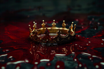 Fantasy medieval concept of a Royal crown and blood. Rise and fall of empires. Mythology and Historical death of a King or Queen. Other Symbolism:  battlecry, ancestry, renegade, wizardry, citadel