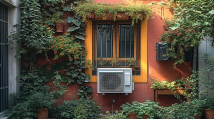 Fototapeta na wymiar An AC unit resting beside a building's window, with greenery adorning its exterior