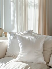 Fototapeta na wymiar There is a white square pillow on the soft sofa 
